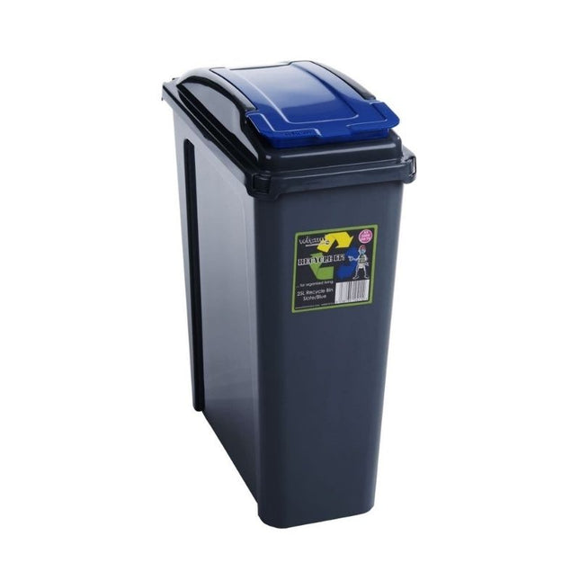 Wham 25L slim recycling bin in dark grey with a blue swing lid, designed for narrow spaces.