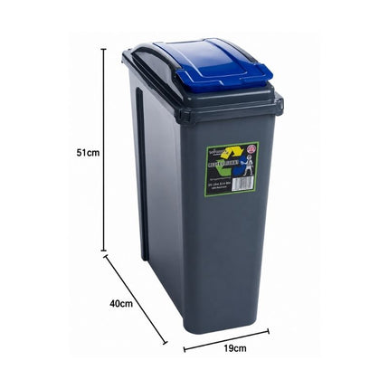 Wham 25L slim recycling bin with blue lid, measuring 51cm high, 40cm deep and 19cm wide.