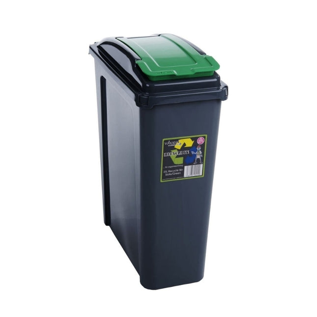 Wham 25L slim recycling bin in dark grey with a green swing lid, designed for narrow spaces.
