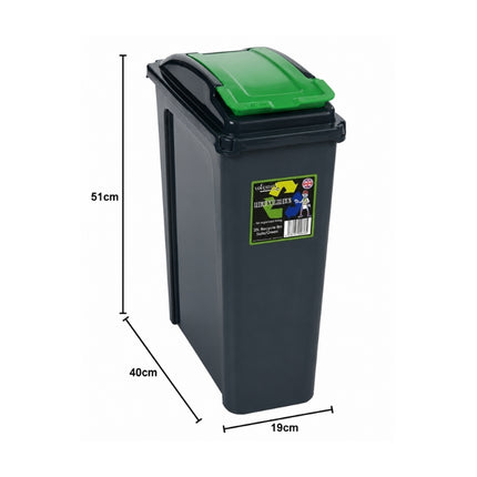 Wham 25L slim recycling bin with green lid, measuring 51cm high, 40cm deep and 19cm wide.