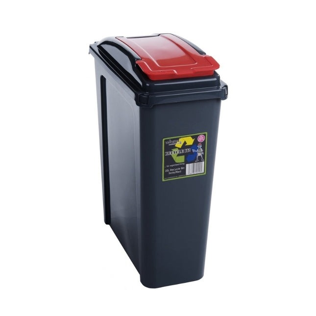 Wham 25L slim recycling bin in dark grey with a red swing lid, designed for narrow spaces.