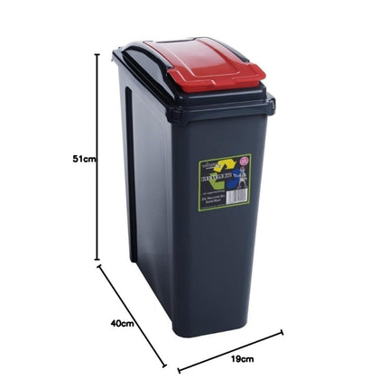 Wham 25L slim recycling bin with red lid, measuring 51cm high, 40cm deep and 19cm wide.