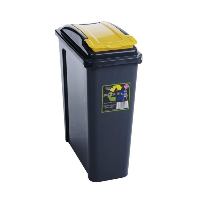 Wham 25L slim recycling bin in dark grey with a yellow swing lid, designed for narrow spaces.