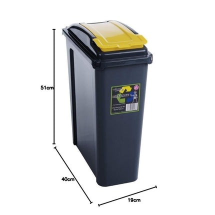 Wham 25L slim recycling bin with yellow lid, measuring 51cm high, 40cm deep and 19cm wide.