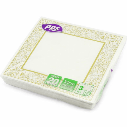 PPS 3Ply 33cm Paper Napkins Gold border | Pack of 20 | Napev